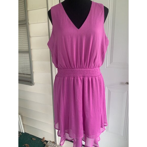 Nine West Sleeveles Chiffon Orchid Tiered Skirt V-neck Elastic Ruching Size L - Picture 1 of 6